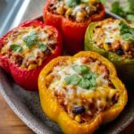 Close-up of colorful Turkey Stuffed Peppers with Cheesy Top, garnished with cilantro.