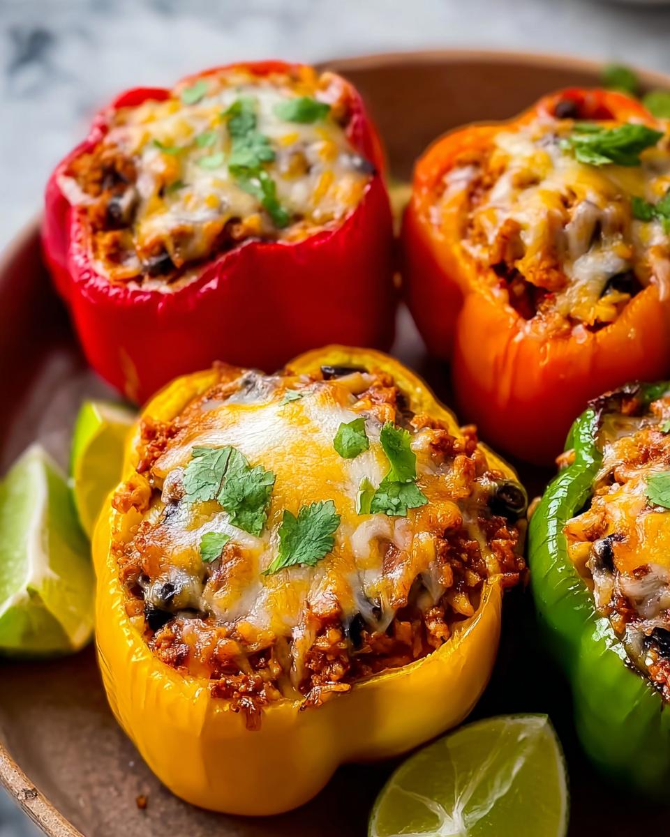 Four colorful Turkey Stuffed Peppers with Cheesy Top, garnished with cilantro and served with lime wedges.