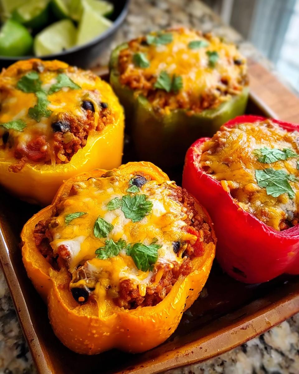 Four colorful Turkey Stuffed Peppers with Cheesy Top, garnished with cilantro, on a wooden tray.