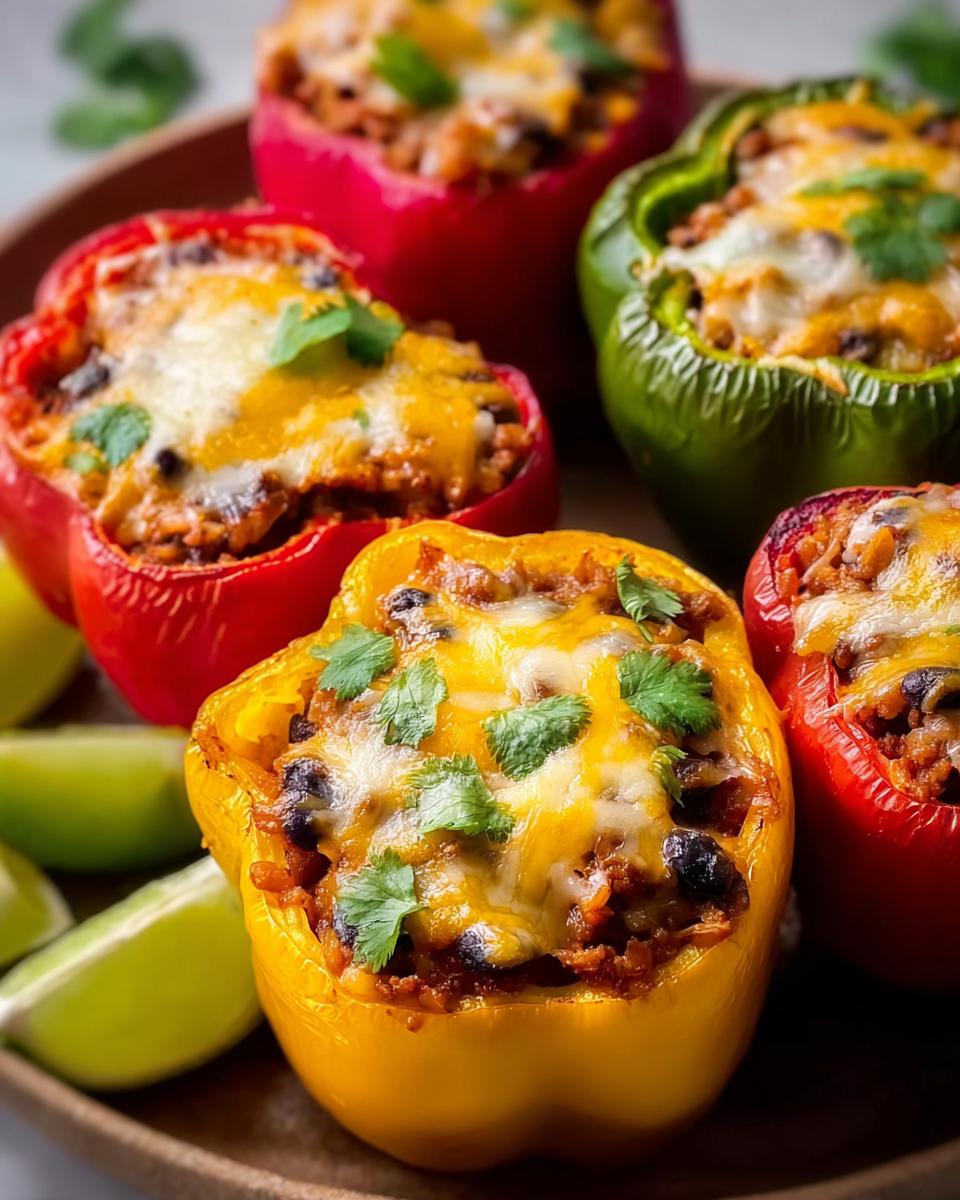 Close-up of colorful Turkey Stuffed Peppers with Cheesy Top, garnished with cilantro and served with lime wedges.