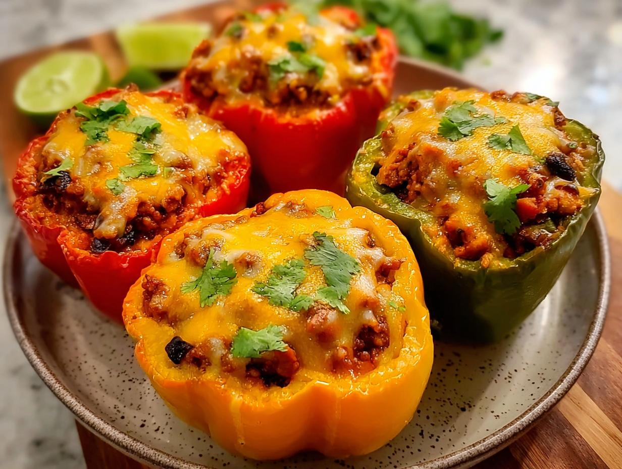 Amazing Turkey Stuffed Peppers with Cheesy Top