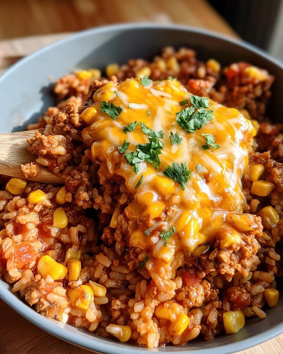 A bowl of turkey taco meat with rice, corn, tomatoes, and melted cheese, garnished with parsley.