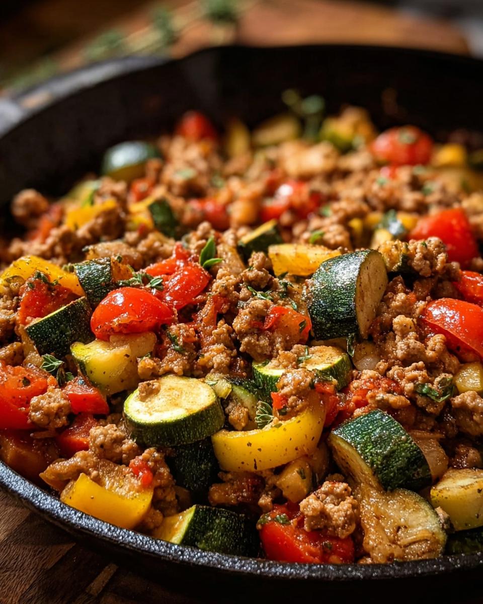 Close-up of a Turkey and Veggie Skillet for Weeknights, featuring ground turkey, zucchini, tomatoes, and bell peppers.