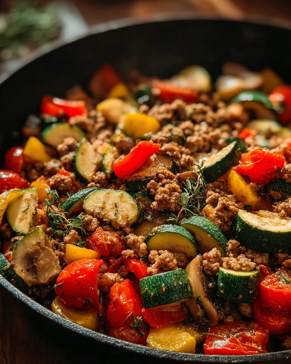 Close-up of a Turkey and Veggie Skillet for Weeknights, featuring ground turkey, zucchini, tomatoes, and peppers.