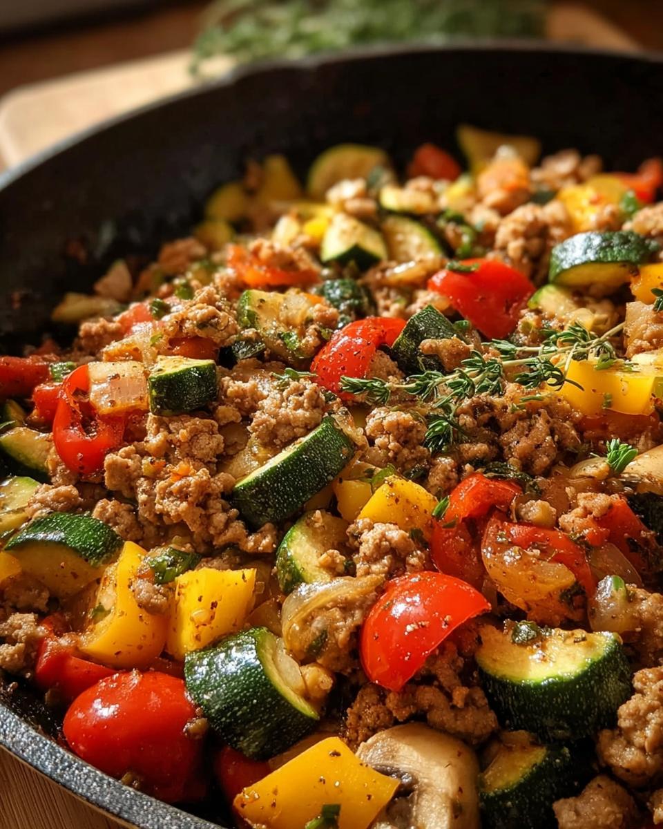 Close-up of a Turkey and Veggie Skillet for Weeknights, featuring ground turkey, zucchini, tomatoes, bell peppers, and mushrooms.