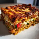 A delicious slice of vegetable lasagna with roasted veggies and ricotta cheese, showing layers of pasta and filling.