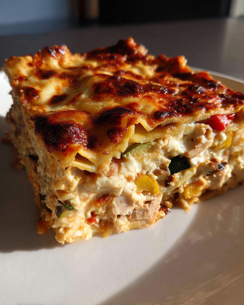 A close-up of a delicious slice of Vegetable Lasagna with Roasted Veggies and creamy ricotta cheese.