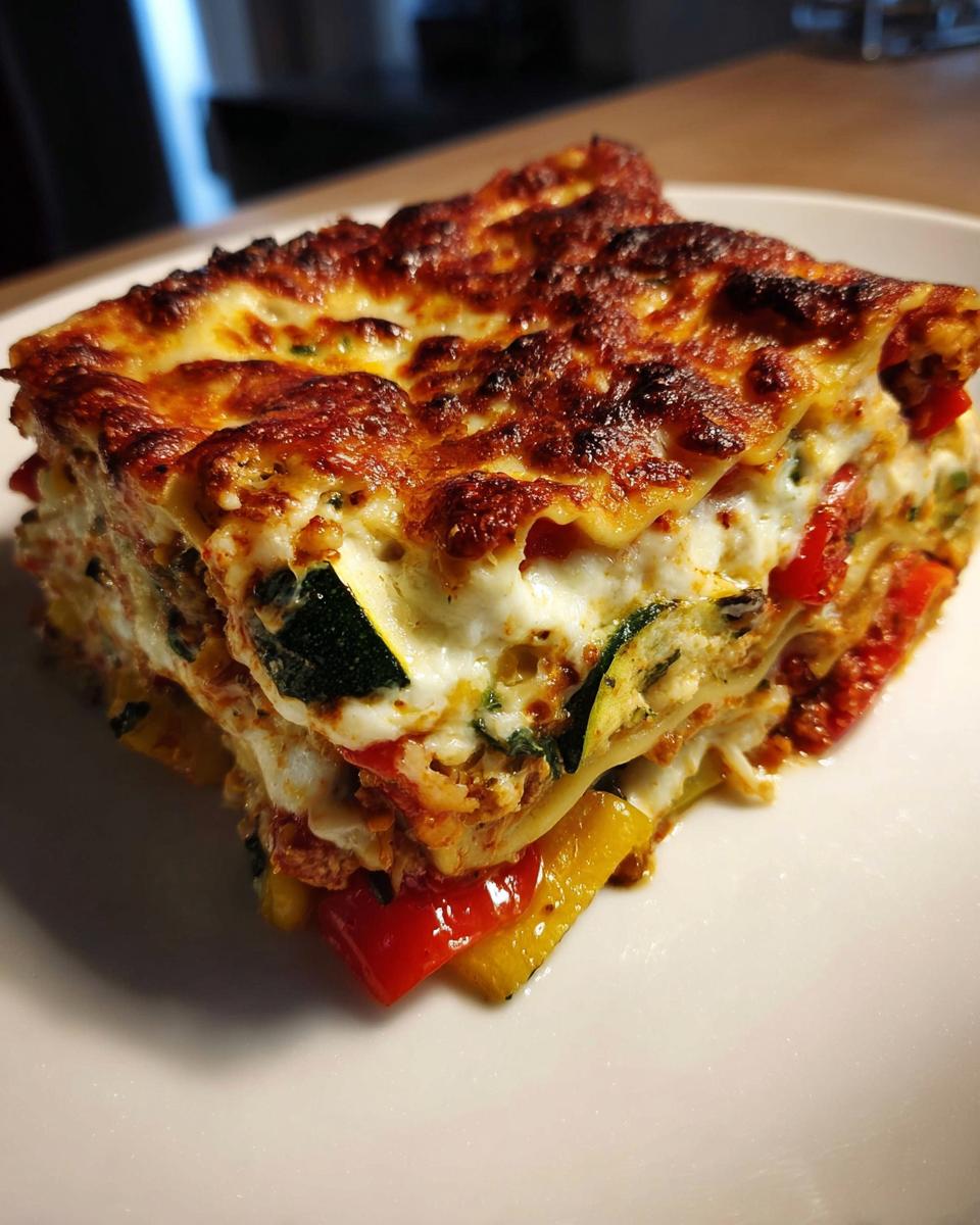 A delicious slice of Vegetable Lasagna with Roasted Veggies and Ricotta, showing layers of pasta, cheese, zucchini, and bell peppers.