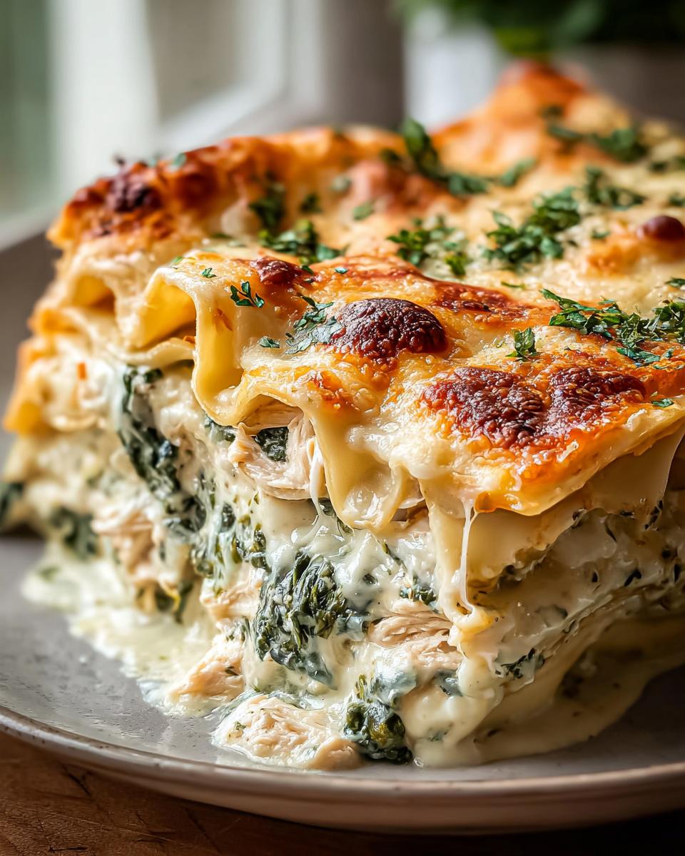 A generous slice of White Chicken Lasagna showcasing creamy cheese layers, tender chicken, and spinach.