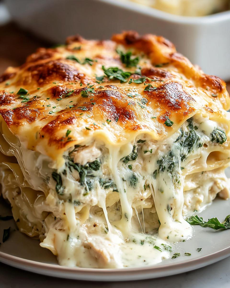 A decadent slice of White Chicken Lasagna with creamy cheese layers and spinach, garnished with parsley.