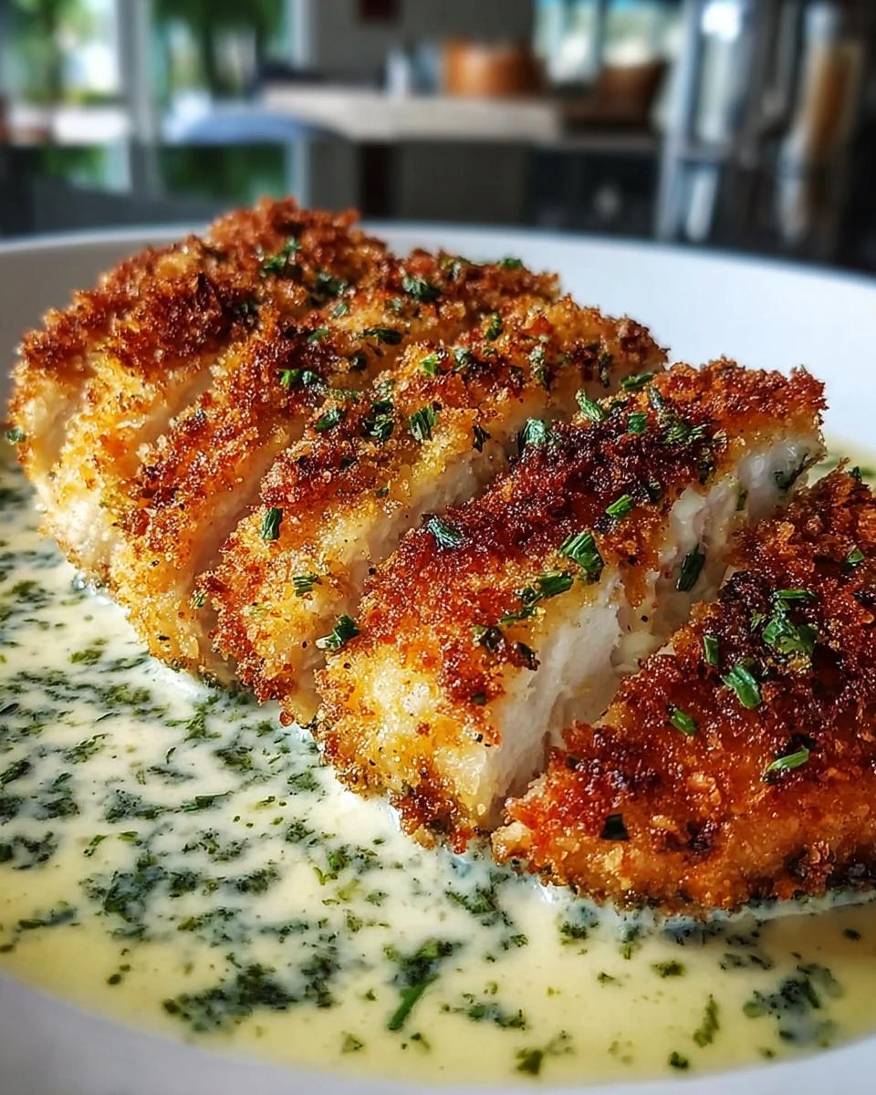 Close-up of Zesty Parmesan Chicken with Crispy Edges, sliced and served in a creamy sauce with herbs.