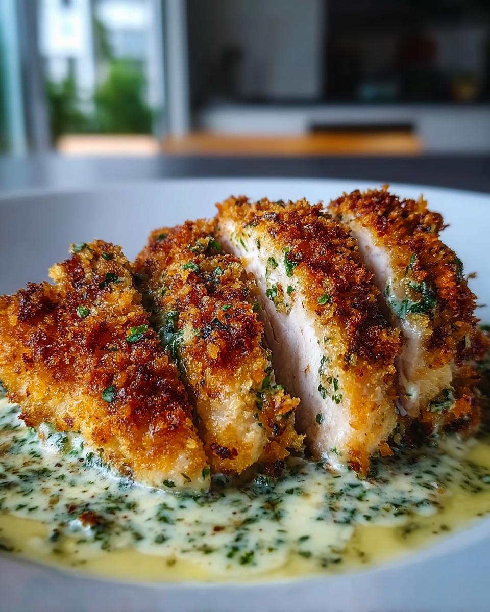 Close-up of Zesty Parmesan Chicken with Crispy Edges, sliced and served in a creamy herb sauce.
