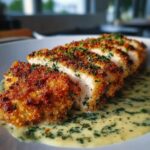 Close-up of Zesty Parmesan Chicken with Crispy Edges, sliced and served in a creamy sauce with herbs.