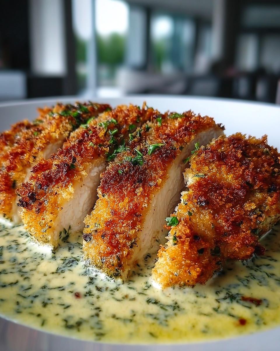 Close-up of sliced Zesty Parmesan Chicken with Crispy Edges served in a creamy sauce.
