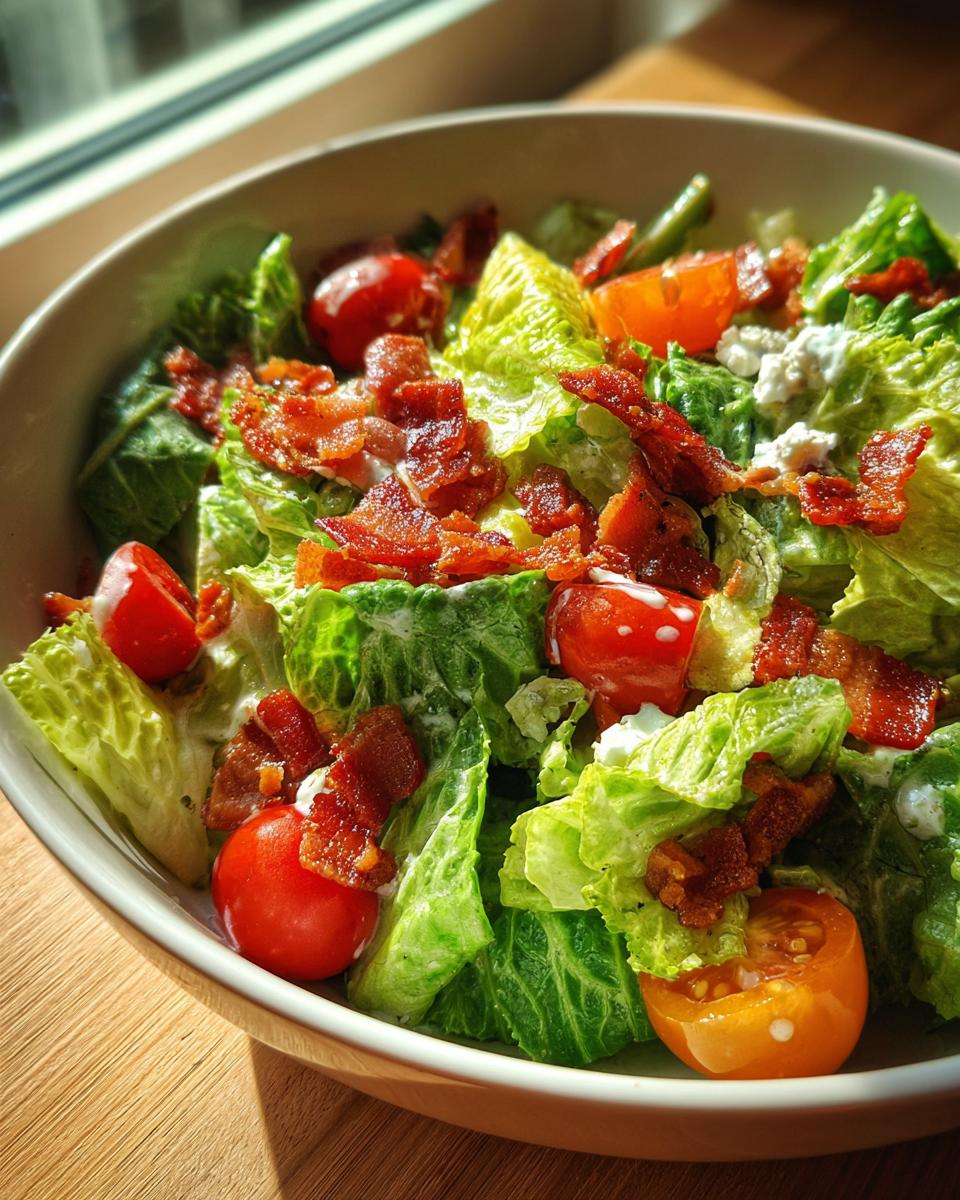 Close-up of a delicious BLT Salad Recipe with crisp lettuce, juicy tomatoes, crumbled bacon, and creamy dressing.