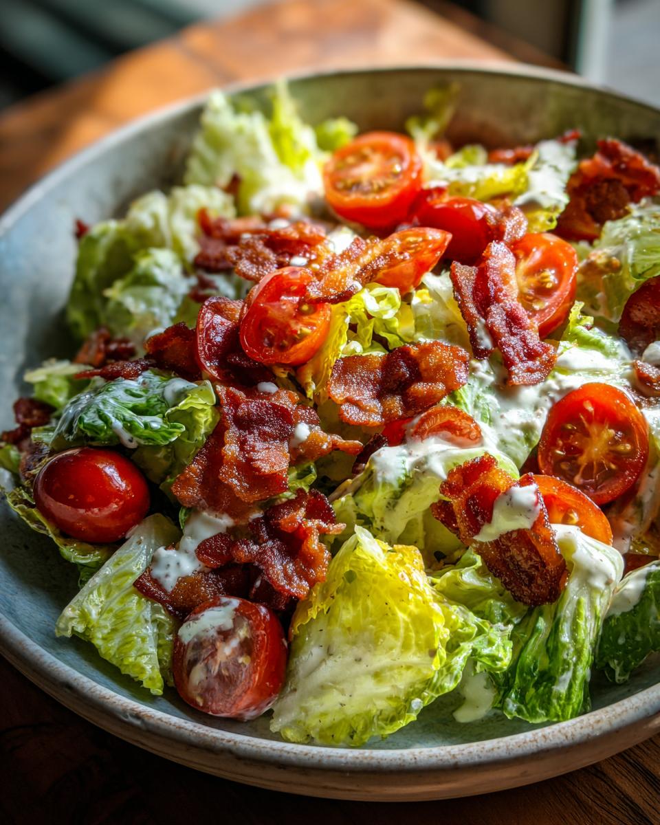 A close-up of a fresh BLT Salad Recipe featuring crisp lettuce, juicy cherry tomatoes, and savory bacon, drizzled with creamy dressing.
