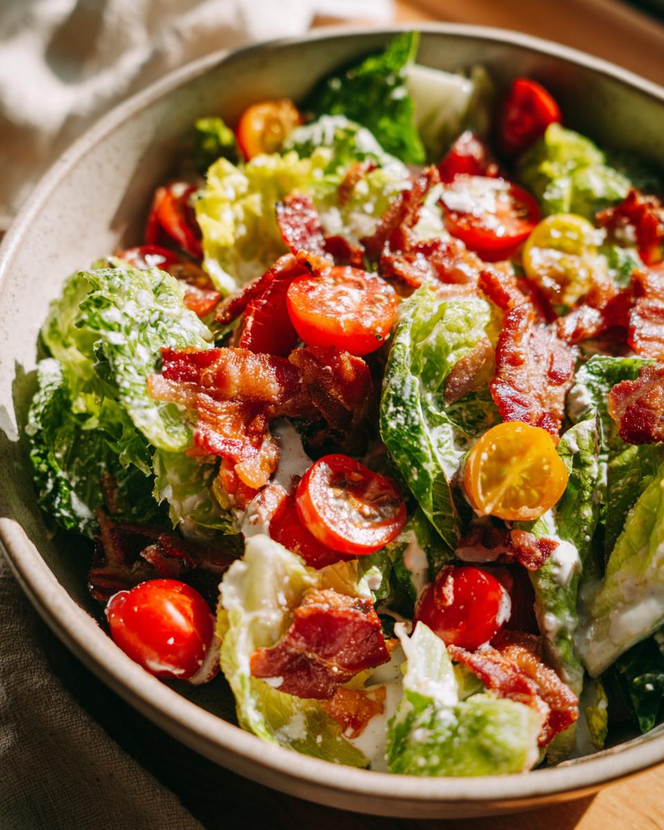 A close-up of a fresh BLT Salad Recipe with crisp lettuce, juicy cherry tomatoes, and crispy bacon, drizzled with creamy dressing.