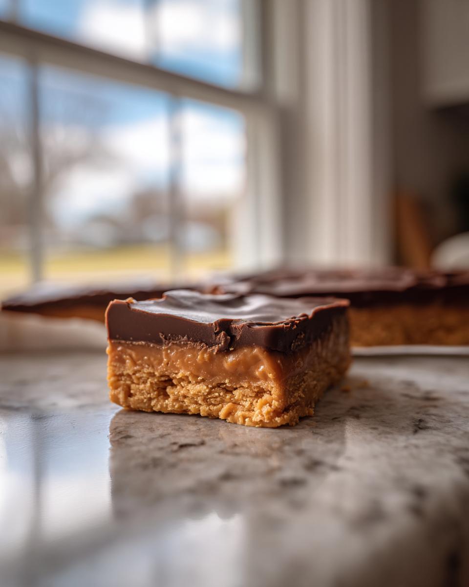 A close-up view of a decadent Chocolate Peanut Butter Bar, showcasing its layers of peanut butter and chocolate.
