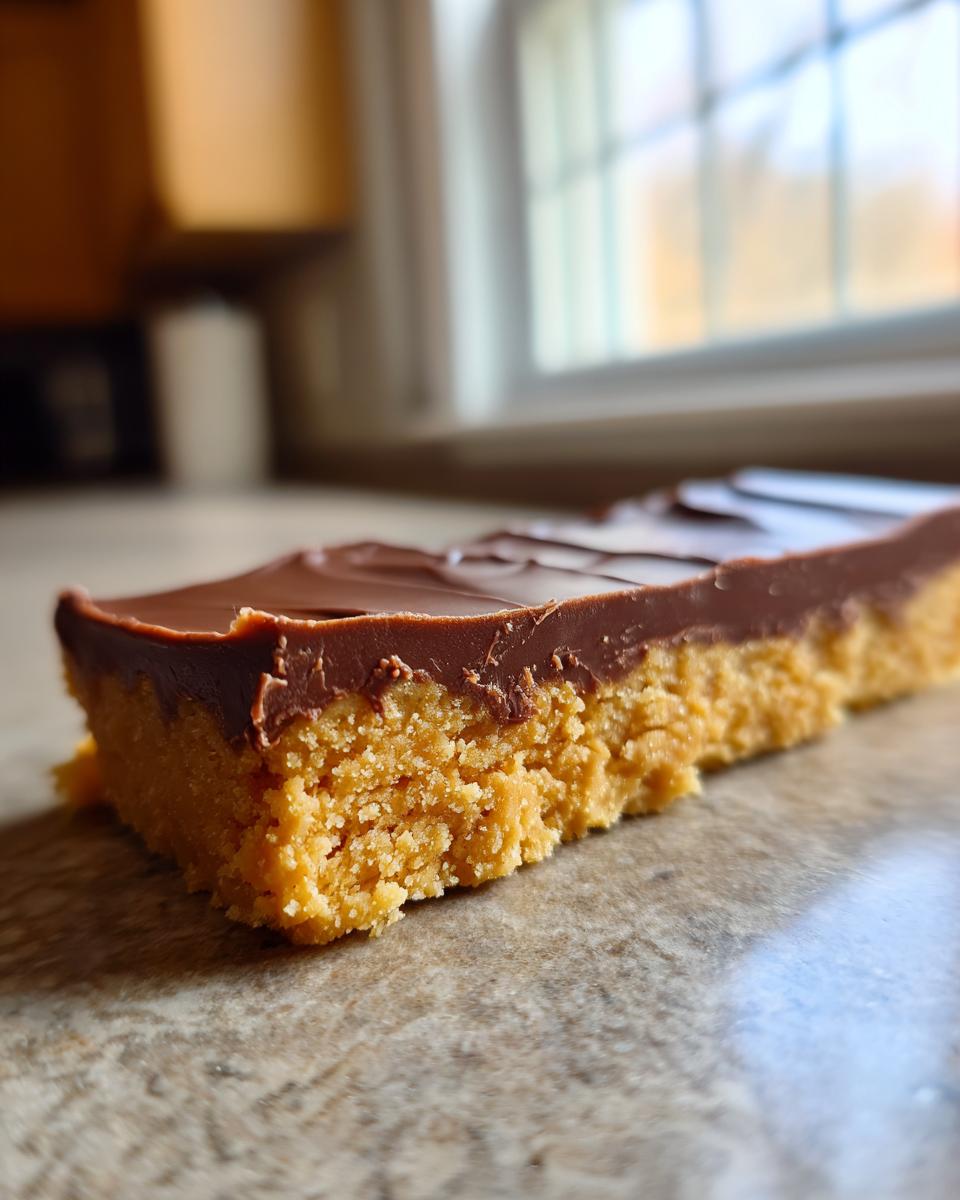 A close-up, side view of a delicious Chocolate Peanut Butter Bar, showing the thick peanut butter layer and smooth chocolate topping.