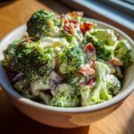 A bowl of creamy broccoli salad recipe with fresh broccoli florets, creamy dressing, and crispy bacon bits.