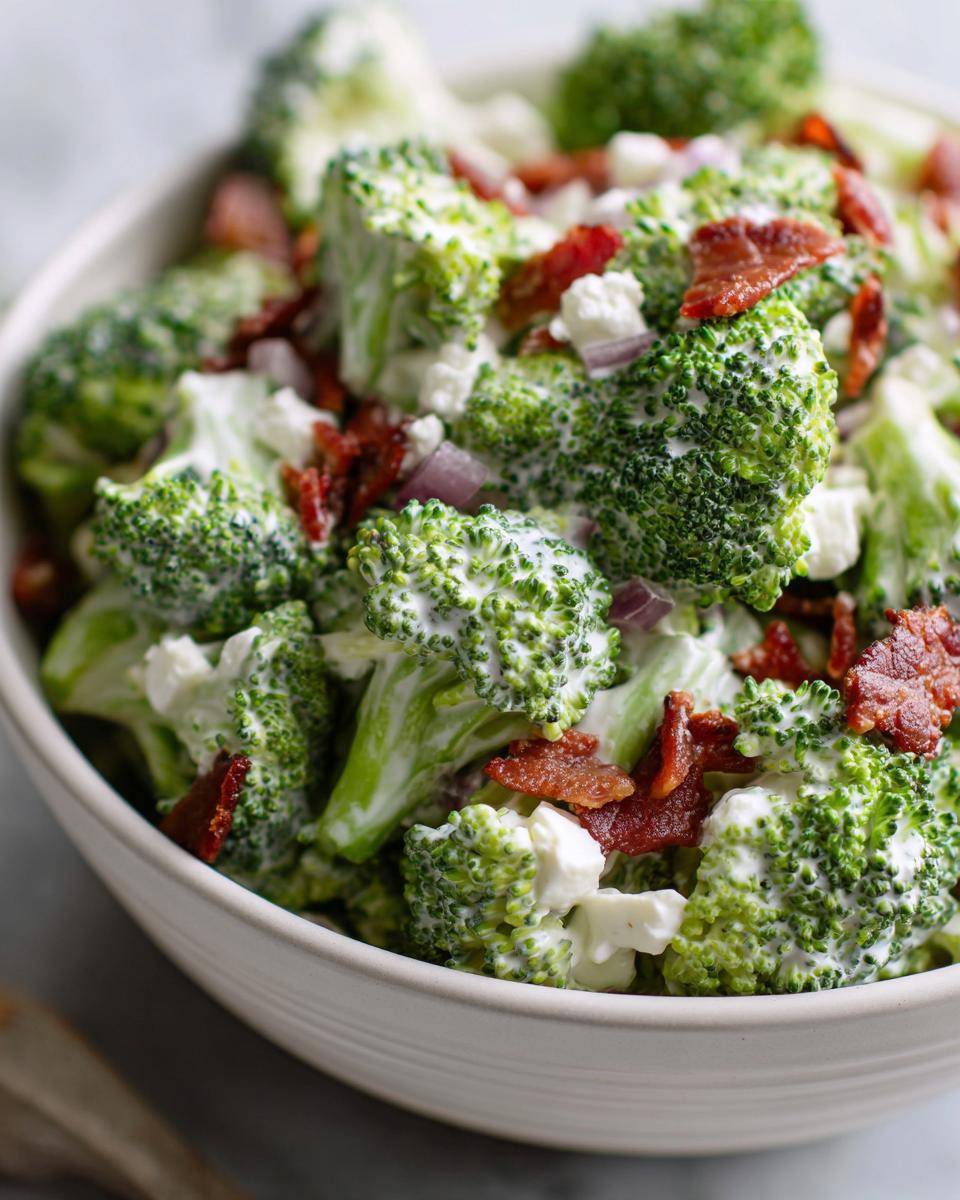A bowl of creamy broccoli salad with chunks of bacon, red onion, and cheese.