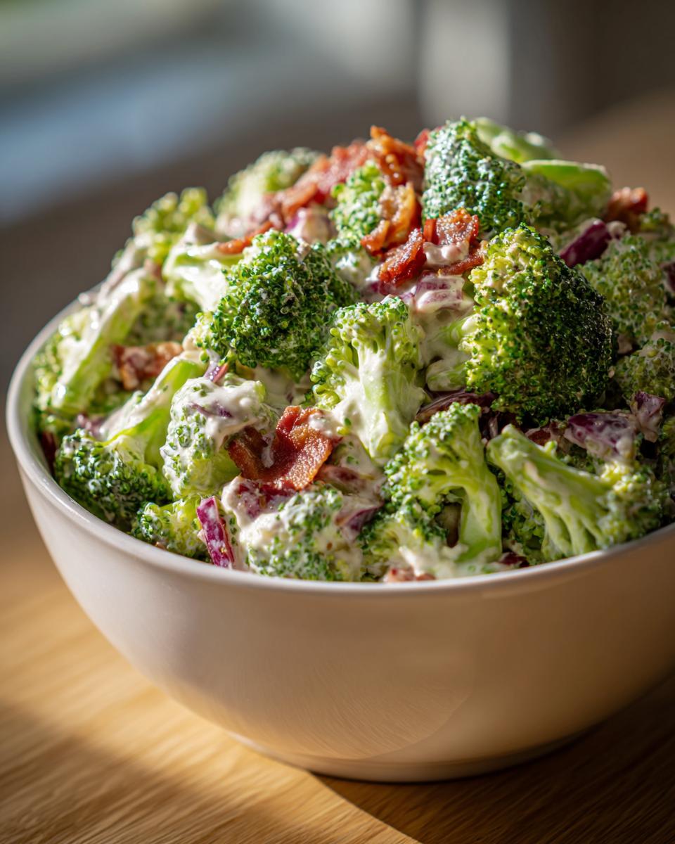 A bowl of creamy broccoli salad with crispy bacon bits and chopped red onion.
