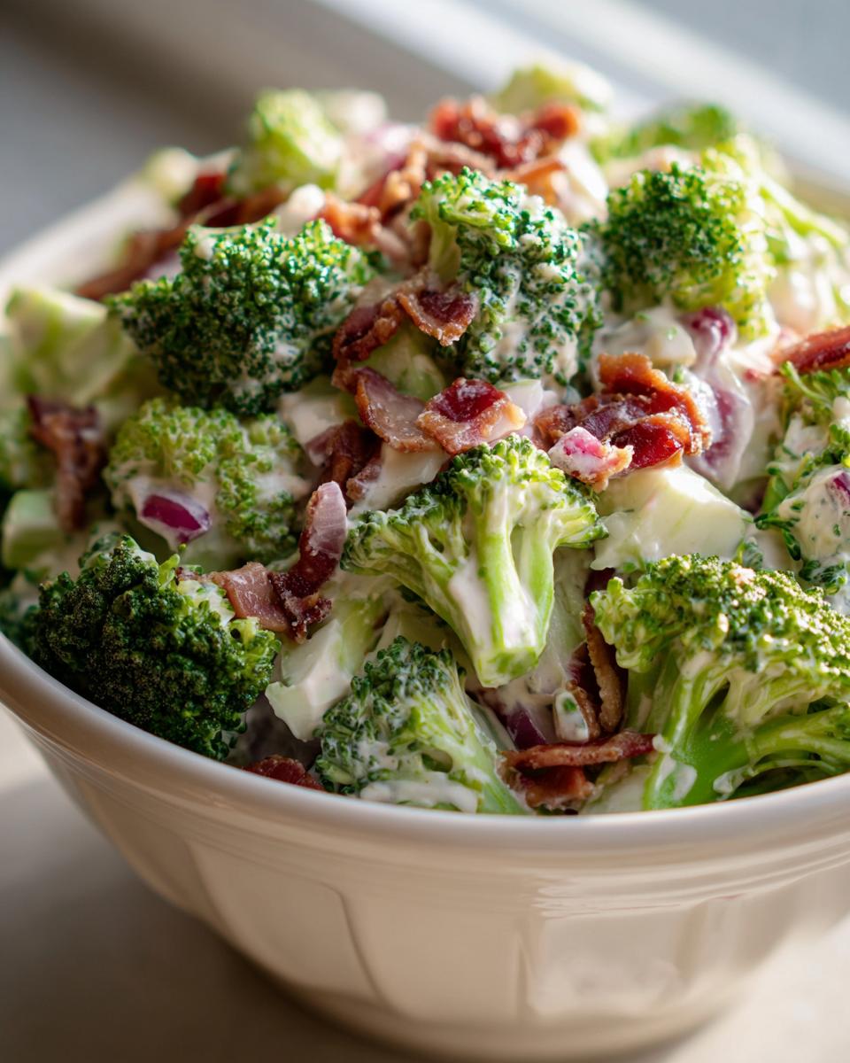 Close-up of a bowl of Creamy Broccoli Salad Recipe, featuring fresh broccoli florets, crispy bacon bits, and red onion in a creamy dressing.