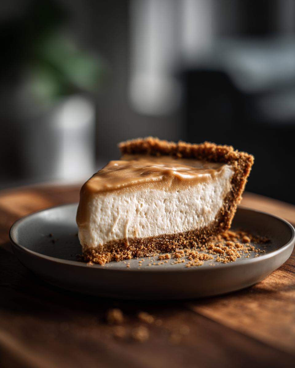 A delicious slice of creamy peanut butter pie with a graham cracker crust, topped with caramel.