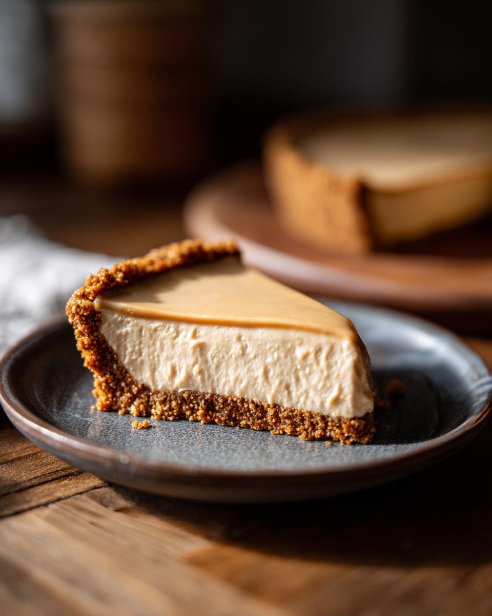 A slice of creamy peanut butter pie with a graham cracker crust on a dark plate.