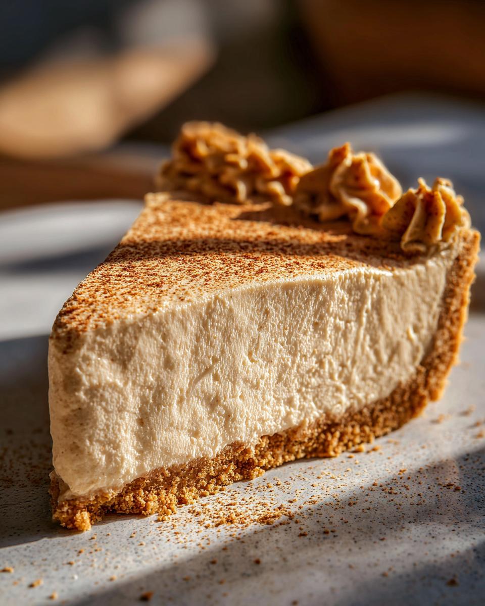 A slice of creamy peanut butter pie with a graham cracker crust, topped with whipped cream and sprinkled with cinnamon.