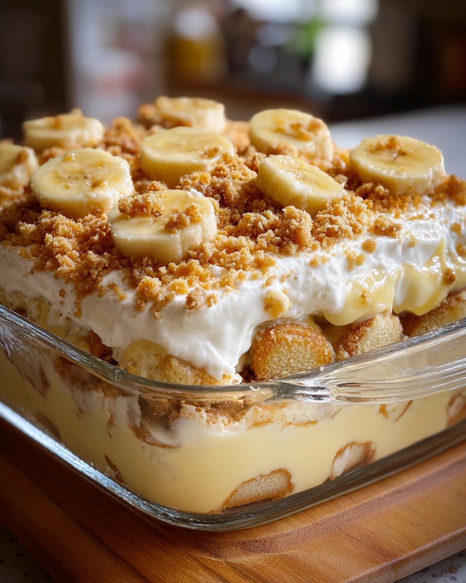 A close-up of an Easy Banana Pudding Dessert in a glass dish, topped with whipped cream, banana slices, and cookie crumbs.