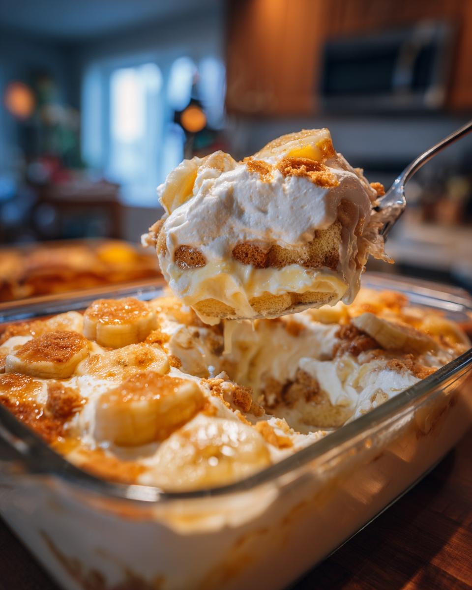 A serving spoon lifting a creamy portion of Easy Banana Pudding Dessert, revealing layers of bananas, cookies, and pudding.