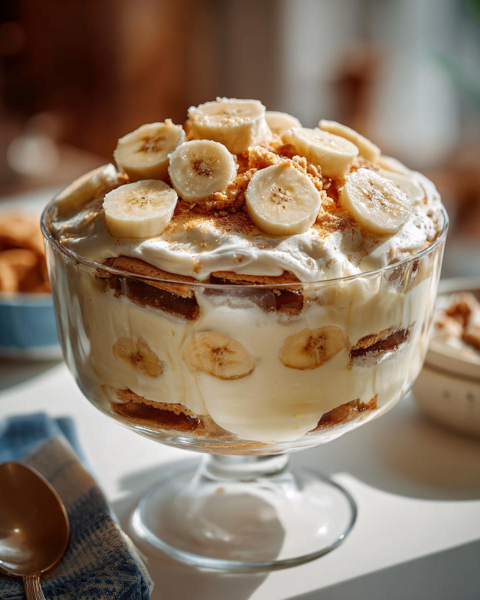 A beautiful Easy Banana Pudding Dessert layered in a glass trifle bowl with fresh banana slices and crumbled cookies.