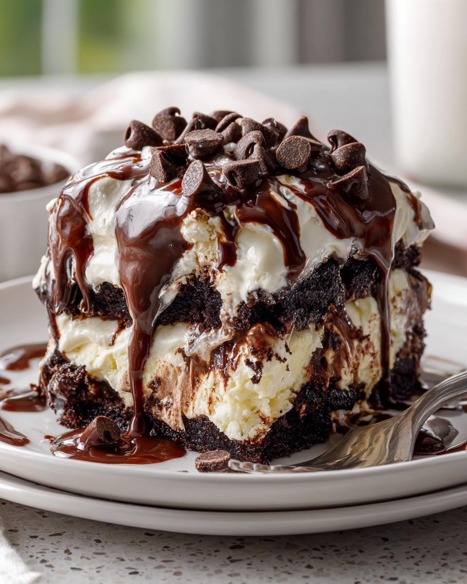 A decadent slice of Easy Chocolate Lasagna, layered with chocolate cake, creamy filling, and chocolate chips, drizzled with chocolate sauce.