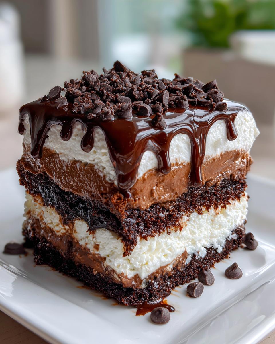 A decadent slice of Easy Chocolate Lasagna with layers of chocolate cake, cream, and chocolate pudding, topped with chocolate sauce and chips.