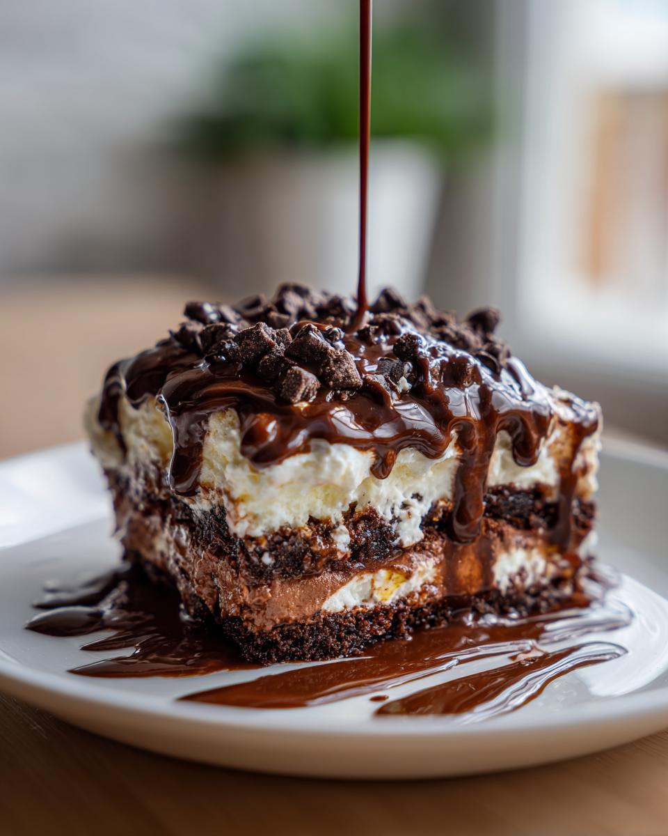 A decadent slice of Easy Chocolate Lasagna, layered with chocolate cake, cream cheese filling, and topped with chocolate ganache and cookie crumbles.