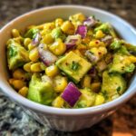 Close-up of a bowl filled with a vibrant Fresh Avocado Corn Salad, featuring chunks of avocado, corn kernels, and red onion.
