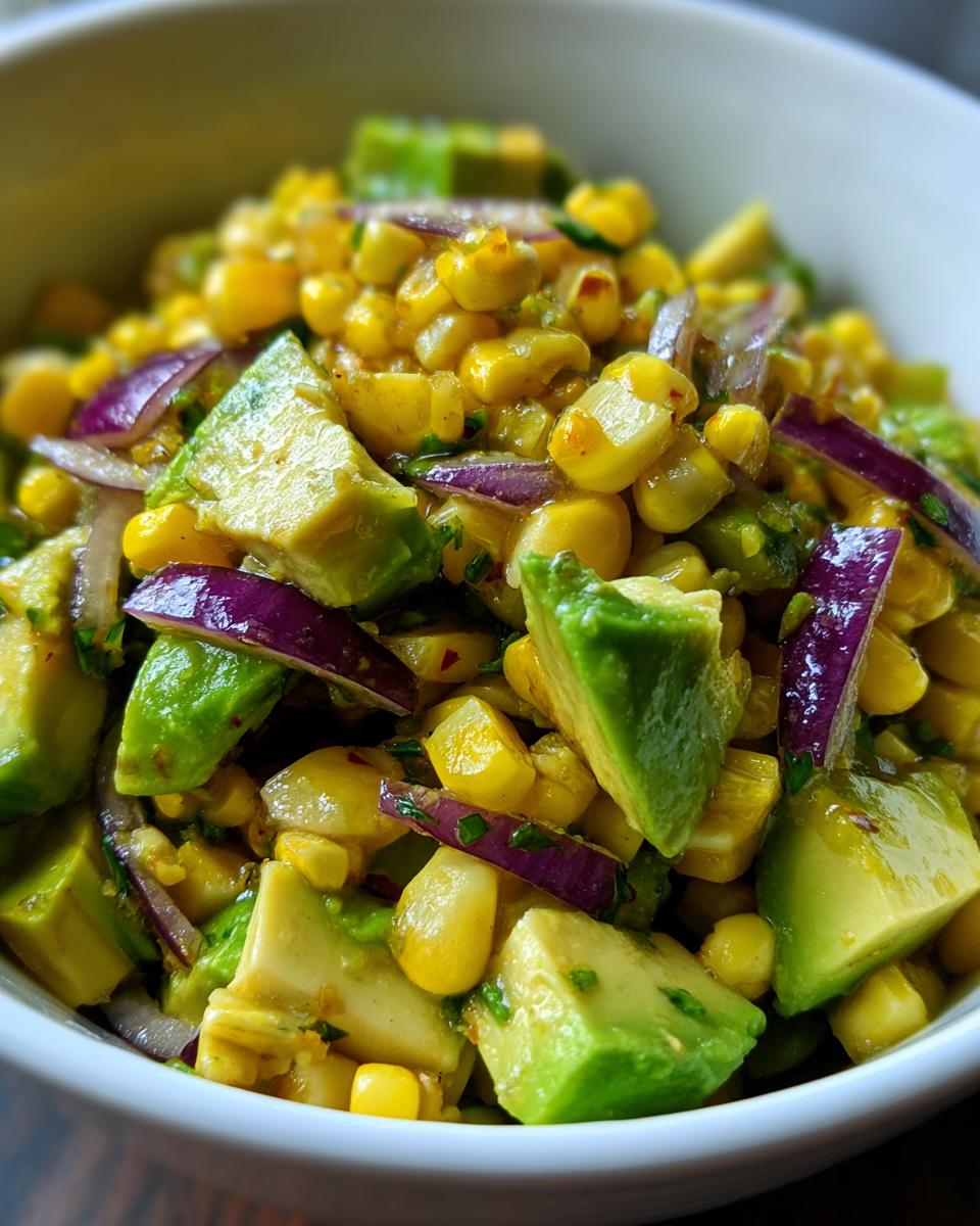 A vibrant bowl of Fresh Avocado Corn Salad, featuring creamy avocado chunks, sweet corn kernels, and thinly sliced red onion.