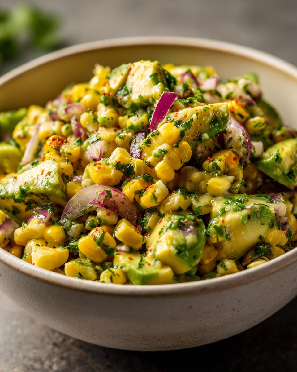 Close-up of a Fresh Avocado Corn Salad with red onion, cilantro, and chili powder in a light-colored bowl.