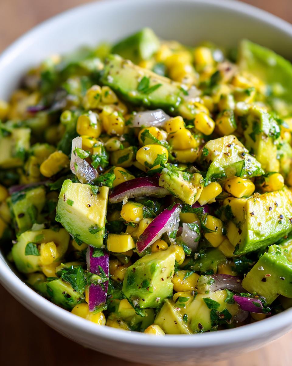 Close-up of a Fresh Avocado Corn Salad recipe in a white bowl, featuring diced avocado, corn kernels, red onion, and cilantro.
