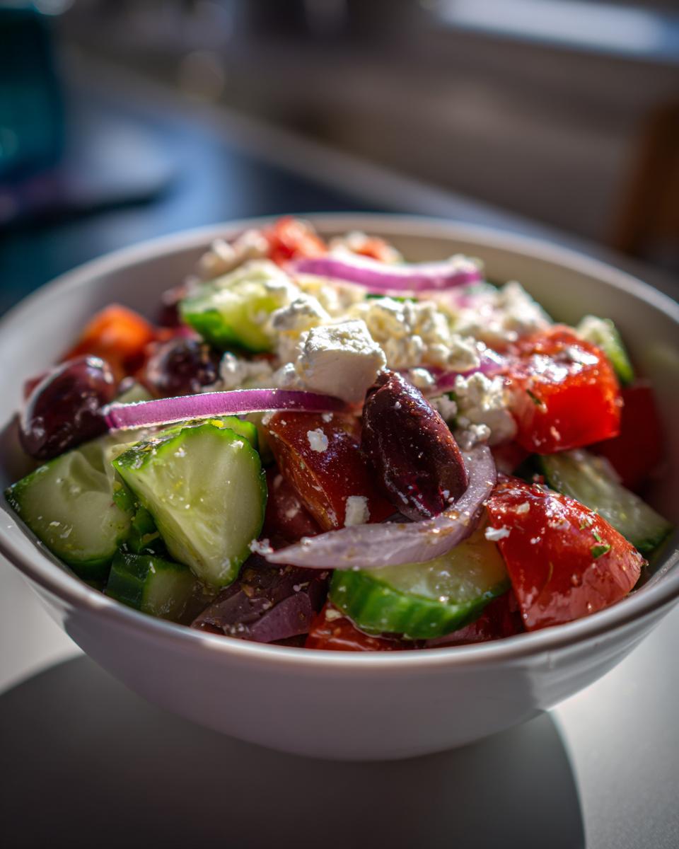 A close-up of a white bowl filled with a vibrant Greek Salad Recipe, featuring cucumbers, tomatoes, olives, feta cheese, and red onion.