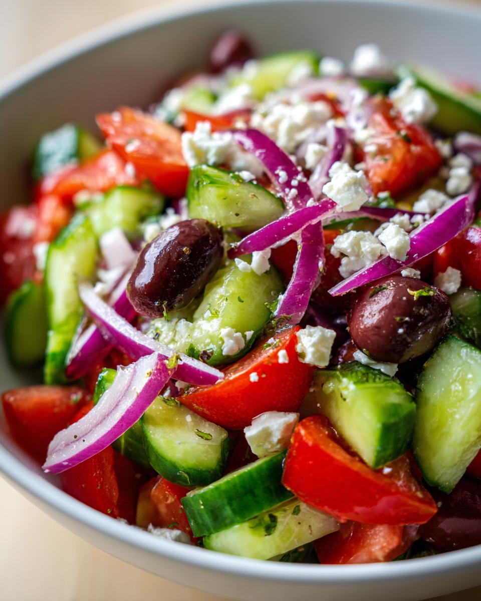 Close-up of a vibrant Greek Salad Recipe with tomatoes, cucumbers, red onion, olives, and feta cheese.