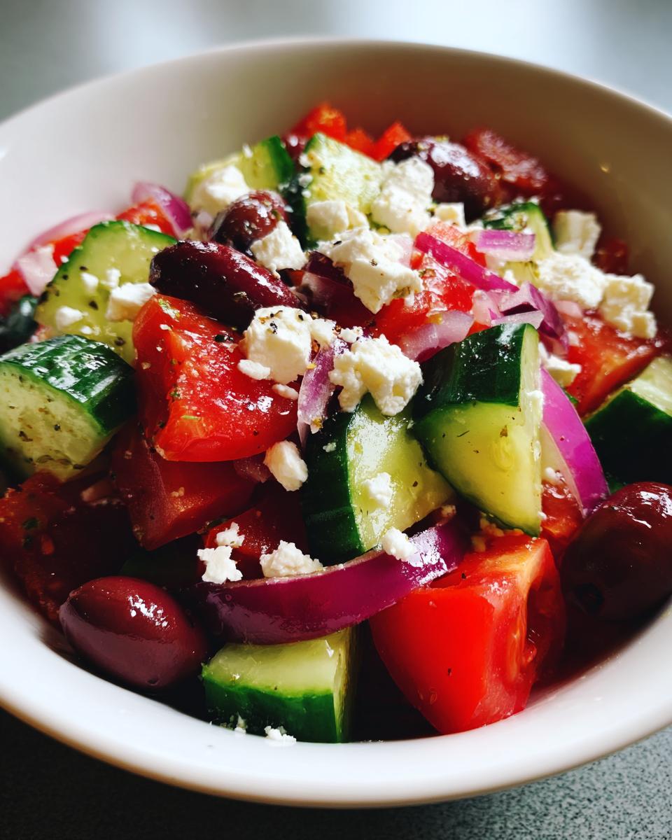 A close-up of a vibrant Greek Salad Recipe with chopped tomatoes, cucumbers, red onion, Kalamata olives, and feta cheese.