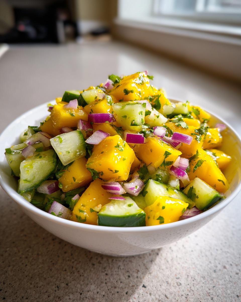 A close-up of a white bowl filled with a vibrant Mango Cucumber Salad, featuring diced mango, cucumber, red onion, and cilantro.