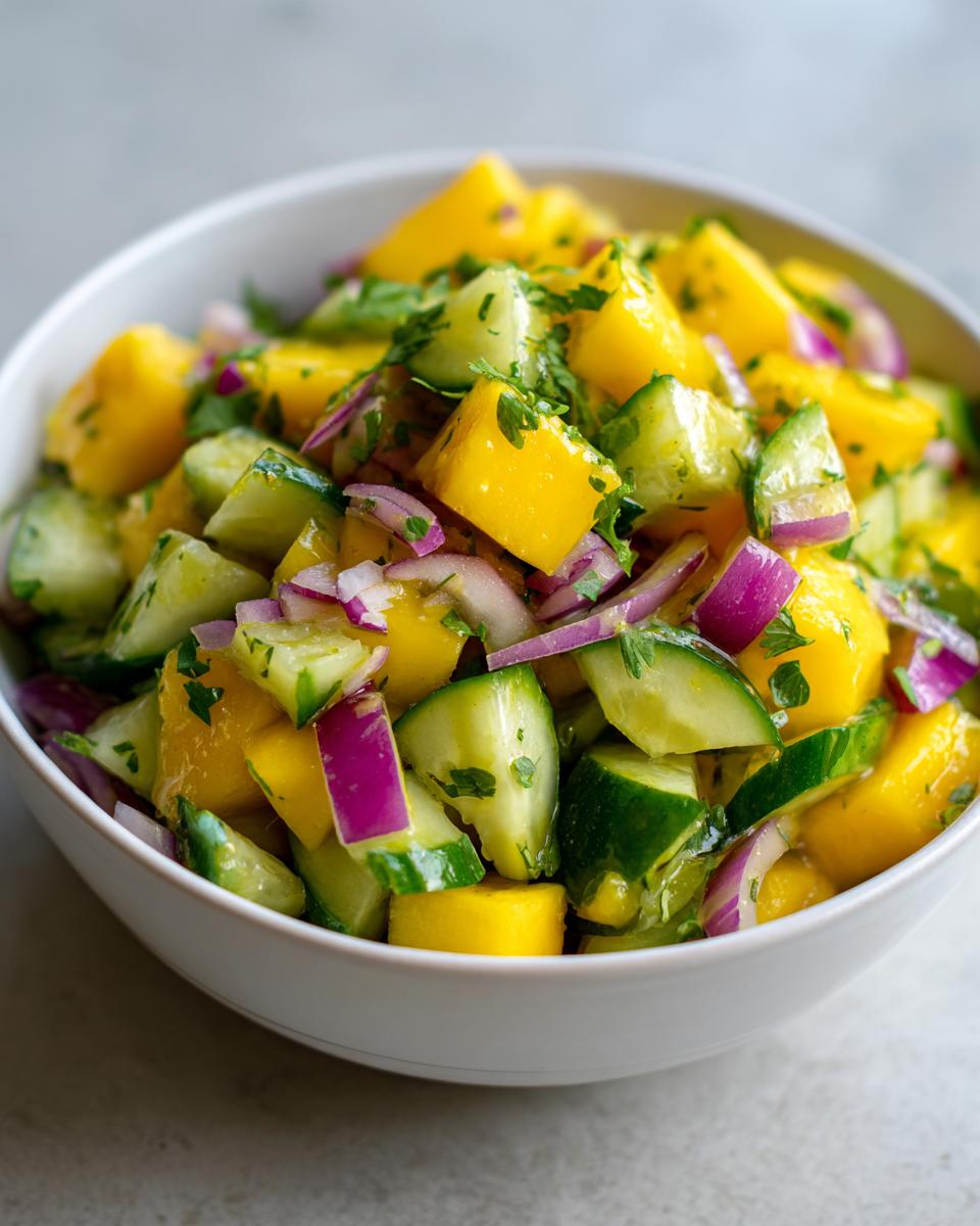 Close-up of a vibrant Mango Cucumber Salad Recipe in a white bowl, featuring diced mango, cucumber, red onion, and cilantro.