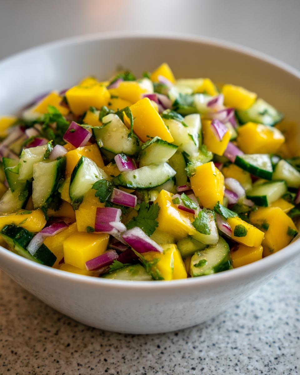 Close-up of a vibrant Mango Cucumber Salad Recipe in a white bowl, featuring diced mango, cucumber, red onion, and cilantro.