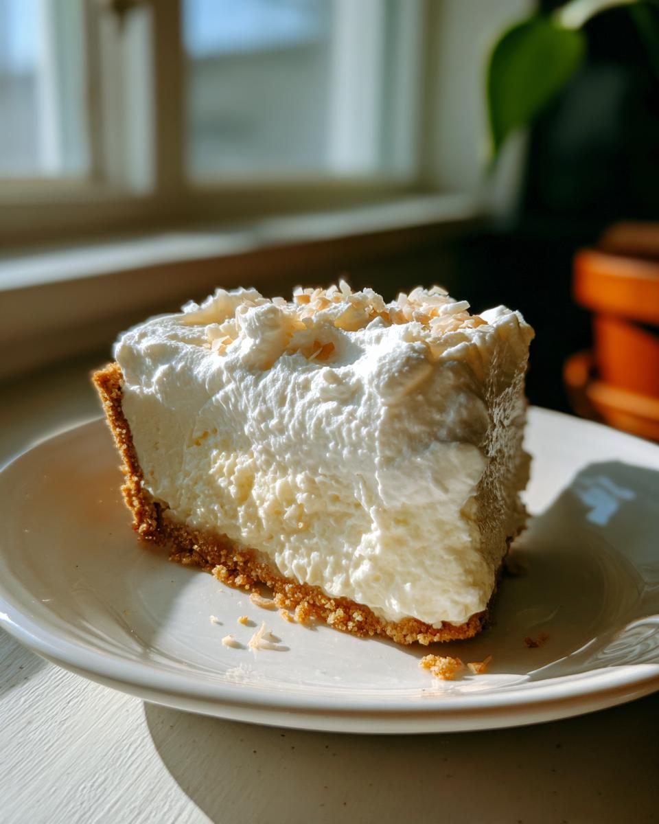 A generous slice of No Bake Coconut Cream Pie with fluffy whipped cream and toasted coconut flakes.