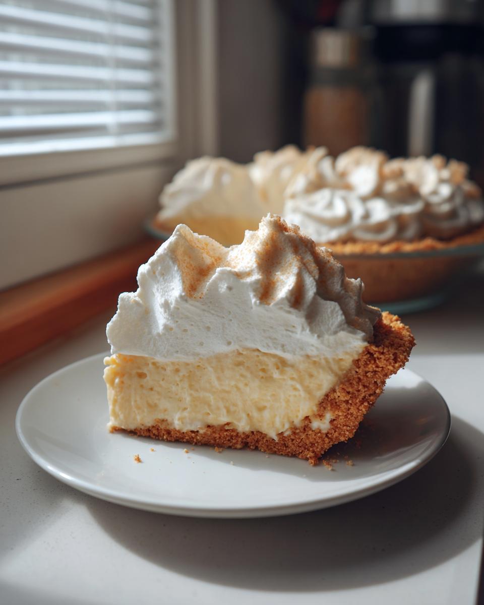 A slice of No Bake Coconut Cream Pie on a white plate, topped with fluffy whipped cream and a sprinkle of nutmeg.