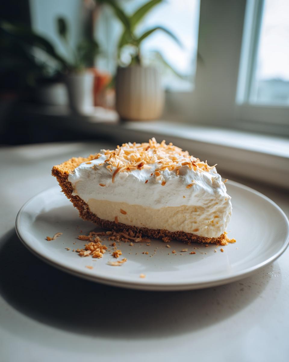 A delicious slice of No Bake Coconut Cream Pie topped with whipped cream and toasted coconut flakes.