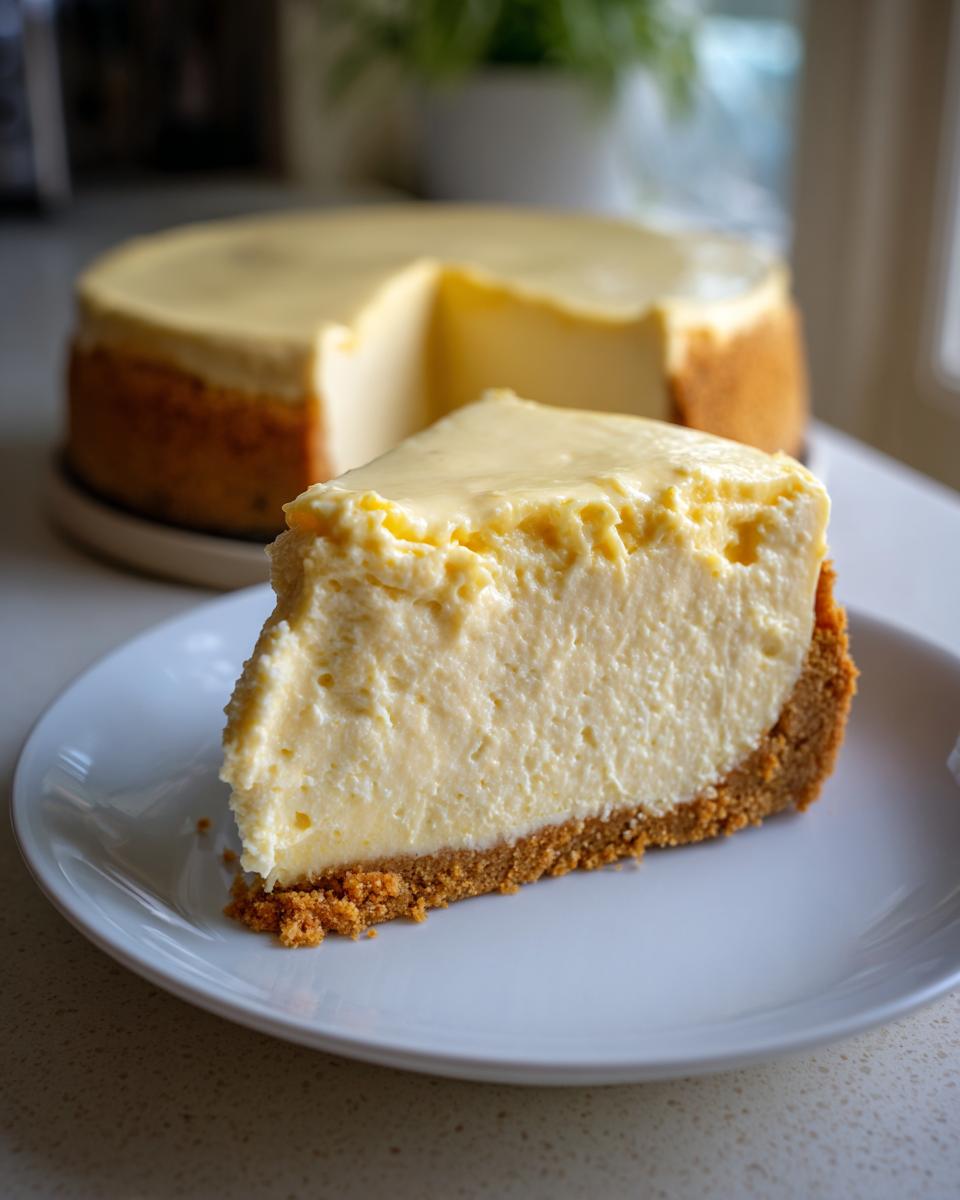 A creamy slice of No Bake Lemon Cheesecake with a graham cracker crust on a white plate.
